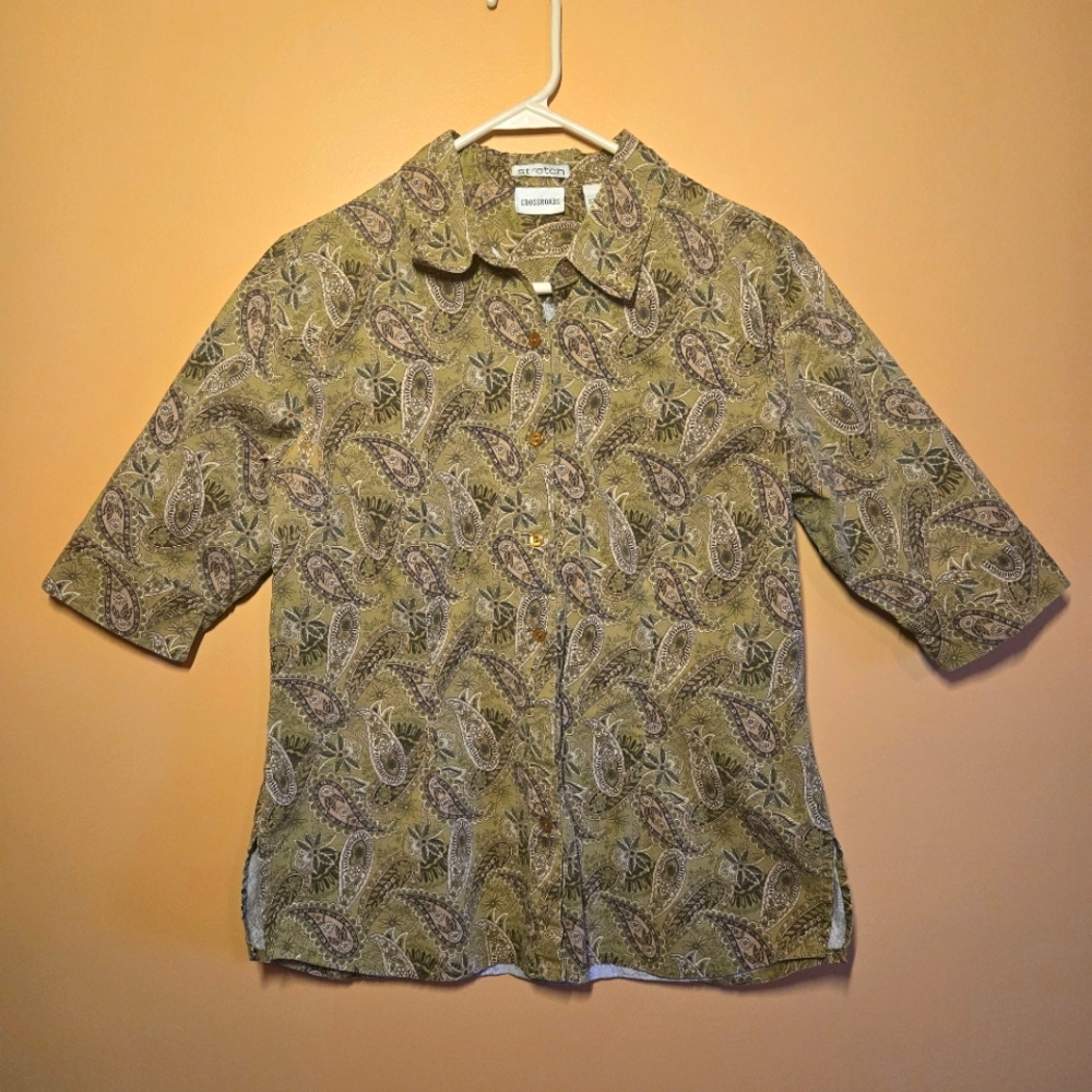 Crossroads half sleeve button-down top, PTP=19.5"